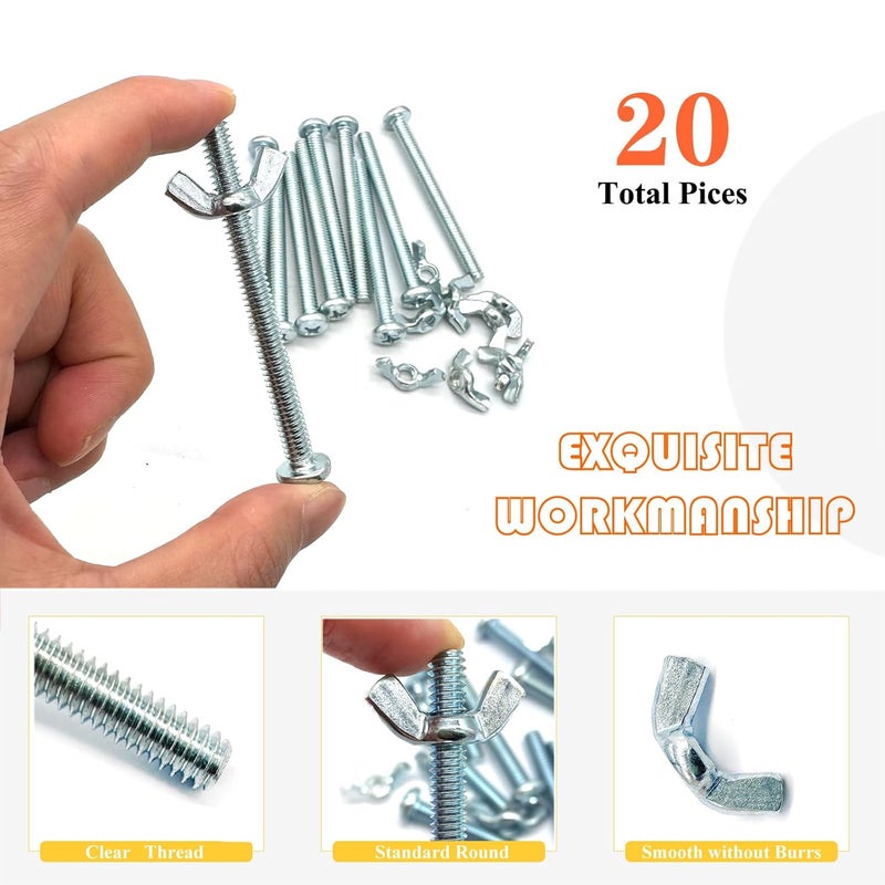 Matrelt 20Pack 1/4"-20 x3 Screw Bolts and Wing Nut Kit 10pcs Machine Screws with Round Head Phillips 10pcs Butterfly Hand Twist Tighten Nut Zinc Plated Hardware Fitting Fastenings Assortment Kit - Image 4